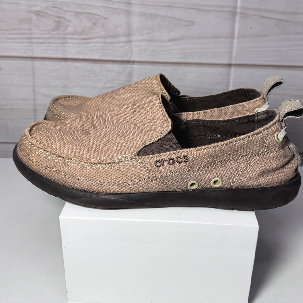 Crocs Boat Santa Cruz Men's Khaki Canvas Slip On Loafers Shoes M9 Casual Brown